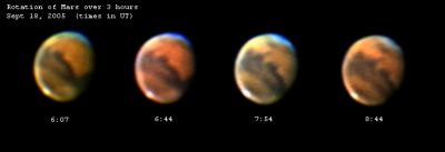 [Rotation of Mars over 3 hours, September 18, 2005.  The image shown is reduced in size in size to fit this page.  Click on the image to load a full size image in a new window.]